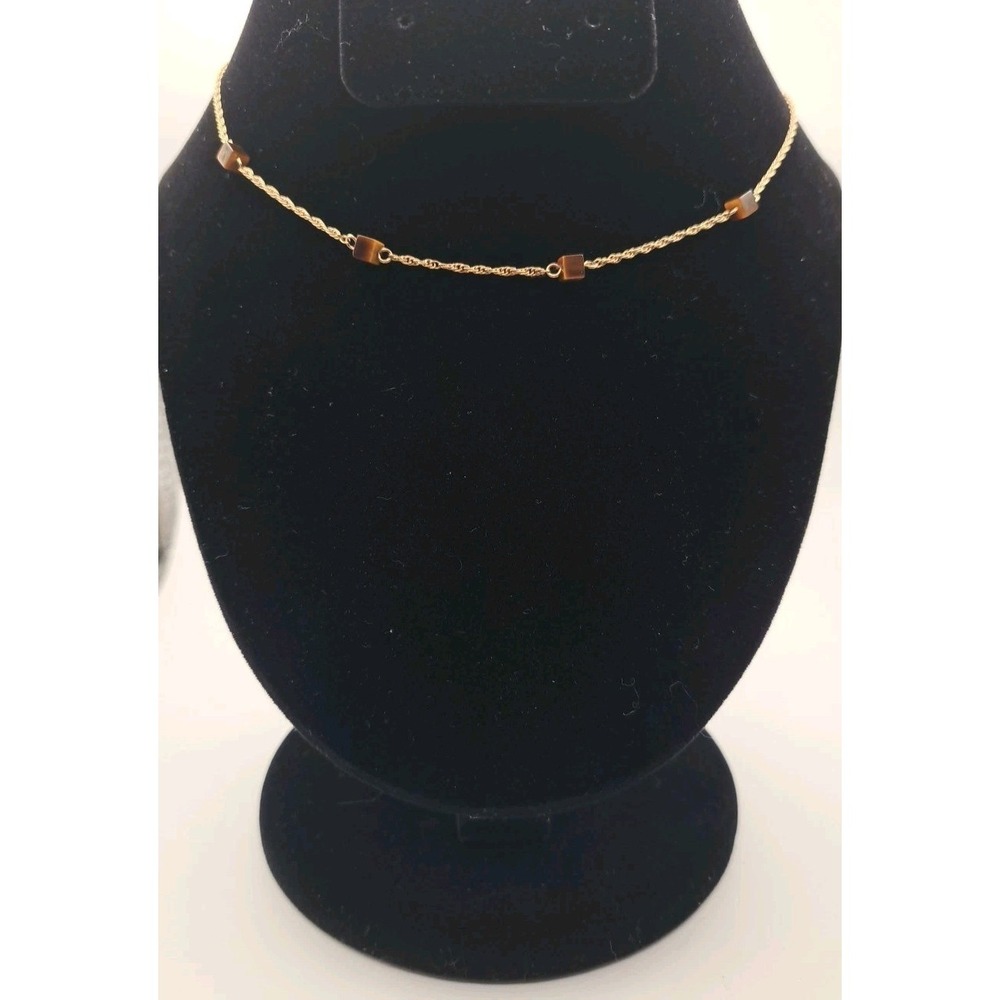 Vintage Signed Sarah Coventry Gold Tone 16 IN Necklace /w Square Brown Beads
